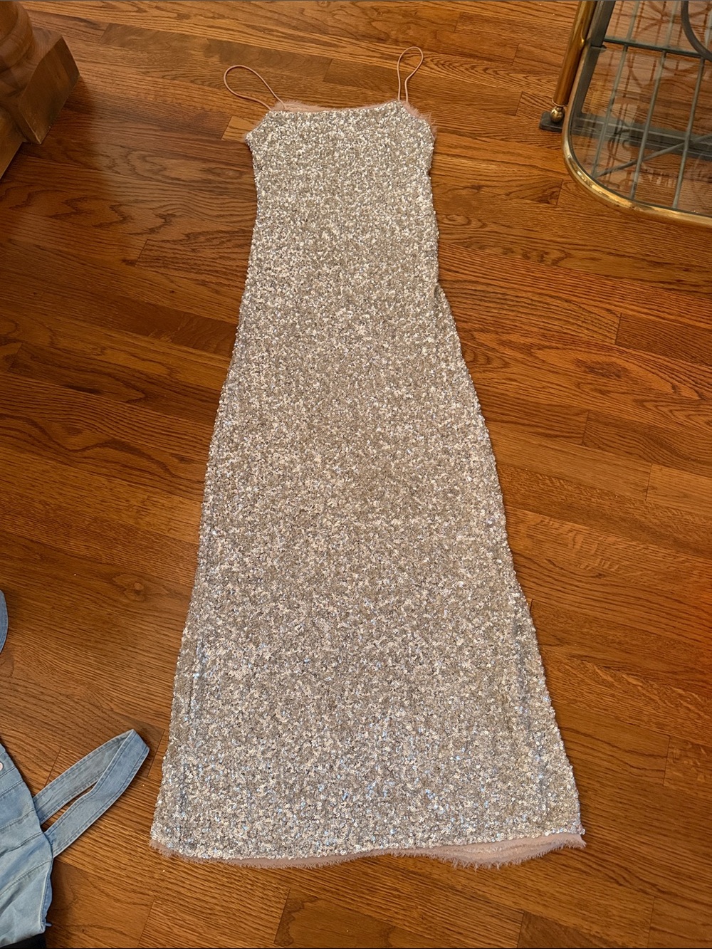 Zara Silver Sequin Maxi Slip Dress with Spaghetti Straps